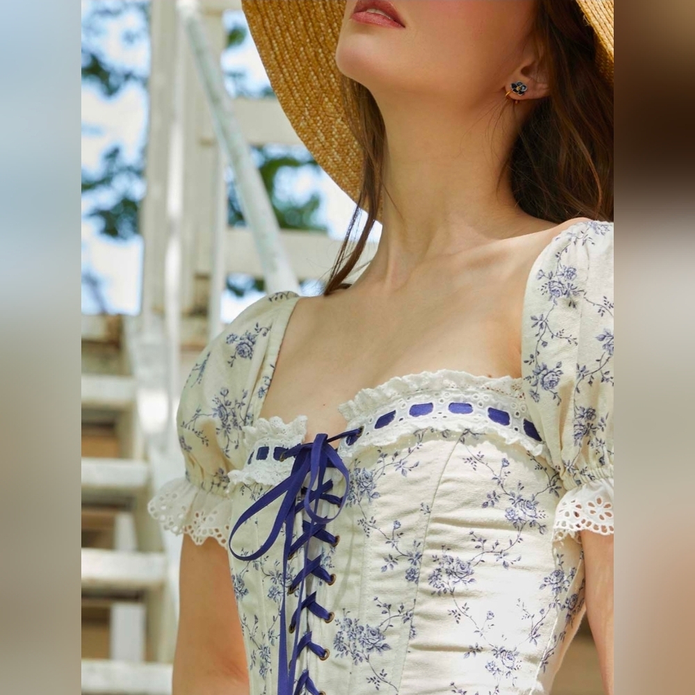 Floral Lace-Up Puff Sleeve Midi Dress in Cream and Blue - Picture 4 of 11
